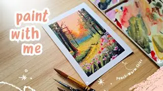 Gouache Landscape - Golden Sunset Over Forest Creek