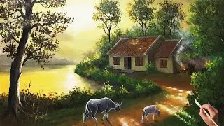 Draw a beautiful countryside landscape at dusk#painting #art #countryside #drawing #oilpainting #