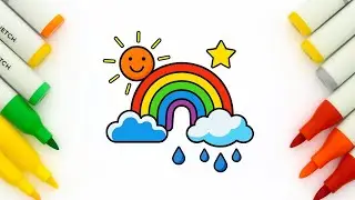 How to Draw & Color Rainbow 🌈 | Sun, Clouds, Raindrops | Easy Drawing for Kids | Kiddo Color Club