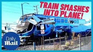 TRAIN crashes into PLANE! LA Police rescue pilot from plane in close call