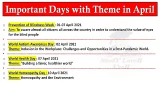 Important Days with Theme in April - National & International - Current Affairs 2021 by Veer #UPSC