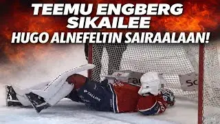 Ilveksen Teemu Engberg ajaa t&ouml;rke&auml;sti HIFK:n maalivahti Hugo Alnefeltin, jonka kausi loppui siihen.