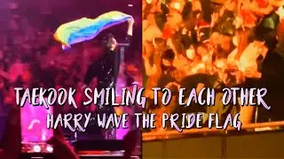 taekook smiling to each other seeing Harry wave the pride flag at Styles's concert || tk moments