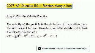 2017 AP Calculus BC.1: Which of the statements describes the motion of the particle at time t=1?