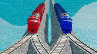 Double Colorful Trains Vs Double Y Impossible Weird Rails Tracks Crossing Deepwater | BeamNG.drive
