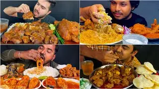 Eating Spicy 🍖Mutton Chops Fish Curry Whole Chicken Mutton Pulao Raita Salad MUKBANG 3X