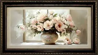 Peach Roses in Porcelain Vase, Rustic Vintage Oil Painting | Black Gold Framed TV Art Screensaver