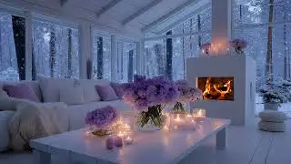 🌙 Cozy Winter Lounge | Purple Flowers, Fireplace & Piano (4 Hours) | Beat Insomnia Focus Study Relax