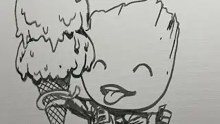 Drawing BABY GROOT eating ICE CREAM | Anthony Francisco livestream | Ink on Canvas 
