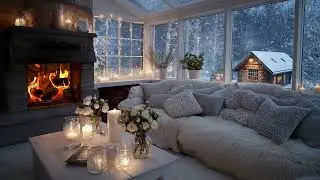 🌨️🌸 Cozy Snowy Piano | White Lounge with Flowers & Fire 3 Hours | Stress Relief Study Work Healing