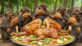 Giant Mutton Biryani in the Jungle! | 10 Monkeys Cook Full Goat Biryani in Huge Pot (4K)