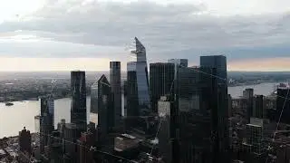 Aerial View of Manhattan's Skyscrapers Along the Hudson River at Late Afternoon with Pink Sky