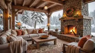 Warm Winter Cabin on Snowy Day ❄️ Peaceful Ambience, Fireplace Sounds with Piano Music for Sleep