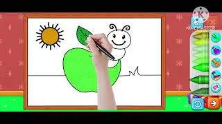 A worm is coming out of the apple in drawing and colouring 