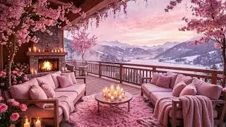 Tranquil Winter Piano Relaxing For Sleep | Cozy Porch  Pink Lounge Fireplace & Falling Snow Ambience