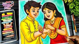 Raksha Bandhan Drawing With Oil Pastle Colour, Brother Sister Tying Rakhi, Rakhi Bandhan Drawing