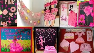 Pink colour day celebration and decoration ideas, school wall and classroom decoration ideas