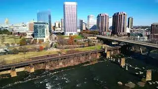 Richmond Va Daytime 4K Drone Footage, Browns Island, Potterfield Memorial Bridge, James River