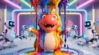 Red Dino Creates Magical Rainbow Ice Cream Rolls in the Frosty Neon Factory