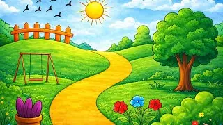 Garden scenery drawing | easy scenery drawing | trees drawing for kids | very easy drawing 