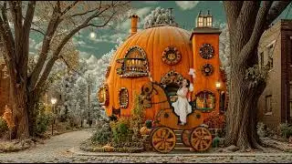 Lady on wooden steampunk robot horse rides past Jack o Lantern house