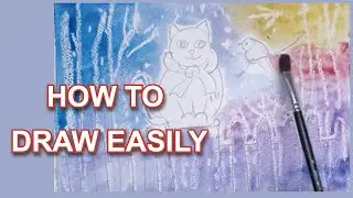 How to draw a cat and bird. Watercolour and paraffin candle.