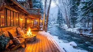 Winter Campfire on a Wooden Porch by the River | Embrace Nature’s Peaceful Ambience
