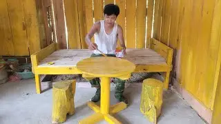 Binh builds new wooden house, carpentry skills. Assembles wooden beds and chairs. Binh's daily life