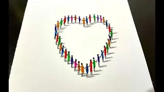 How to Draw Love Heart of People holding hands | Easy 3D Drawing Crowd Standing on Paper | illusion