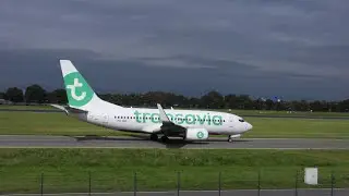 Transavia Boeing 737-700 (PH-XRC) takeoff at Rotterdam The Hague airport.