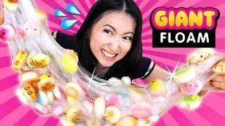 DIY JUMBO FLOAM Slime with 100 SQUISHIES!!! Giant ASMR Slime Squishing!