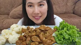 MUKBANG EATING | SPICY CHICKEN LIVER AND GIZZARD CURRY| CAULIFLOWER BOIL & LETTUCE