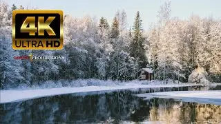 Free No Copyright 4K Winter Snow Creek Cabin Smoke Glitter particles Creek Sunlight Nature Peaceful