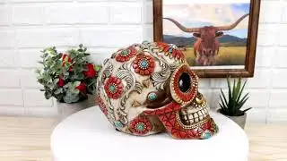 Ebros Aztec Indian Boho Mayan Fire God Tooled Floral Turquoise Orange Stones Skull