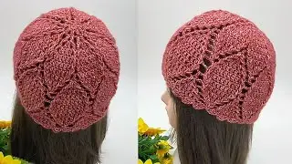 Easy Crochet Leaf Pattern Hat | Open Crown Crochet Hat