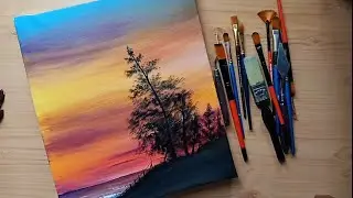 (Day42)Beautiful Sunset Acrylic Painting/Sunset Trees Painting/Purple Sunset Acrylic Painting/Sunset