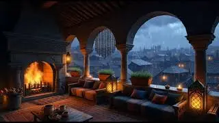 Medieval Rain & Fireplace Ambience 🔥🌧️ Winter Rain & Distant Thunder | Cozy 1 Hour