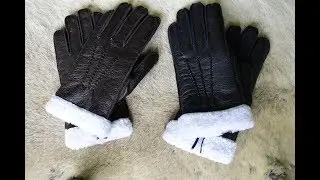 Black and Brown Winter Gloves with Lamb Fur Lining Deerskin Leather