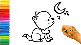 Howling Baby Wolf Under the Moon 🌕🐺 | Easy Drawing for Kids