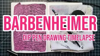 Barbenheimer || Dip Pen and India Ink on Watercolor | Art Timelapse | QOR, Speedball | Synthwave