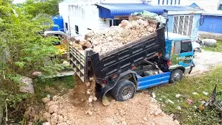 The small land flood filling up by bulldozer and dump truck cooperate in the project for successful