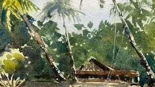 Рисуем тропический пляж с пальмами, акварельный пейзаж для начинающих, урок по акварели
