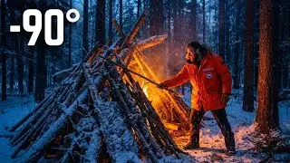 Surviving -90&deg;C Blizzard Alone: Bushcraft Shelter & Ice Fishing (Catch & Cook)