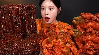 チャジャンラーメンと辛いタッパル＆タッパルの唐揚げ モッパンASMR