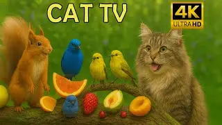 Healing Cat TV 🐦 Colorful Birds Singing & Cute Squirrel in Garden with Fruits | 4K HDR