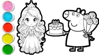 Peppa pig with princess drawing and coloring for kids and toddlers || easy peppa pig drawing for kid