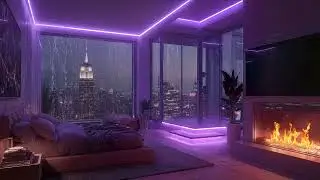 Cozy Purple Night Bedroom 🌌 Soft Piano Music and Raining Sounds to Help You Sleep Peacefully