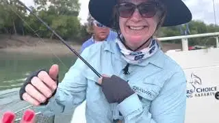 Anne and her first Darwin Barramundi caught with Anglers Choice at Dundee Beach!