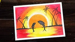 Dolphin Sunset Scenery Drawing with Oil Pastel for Beginners - step by step