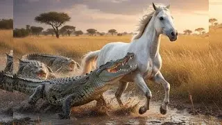 White Arabian Horse Chased by 10 Giant Crocodiles in the Grasslands &ndash; Intense Wild Chase
